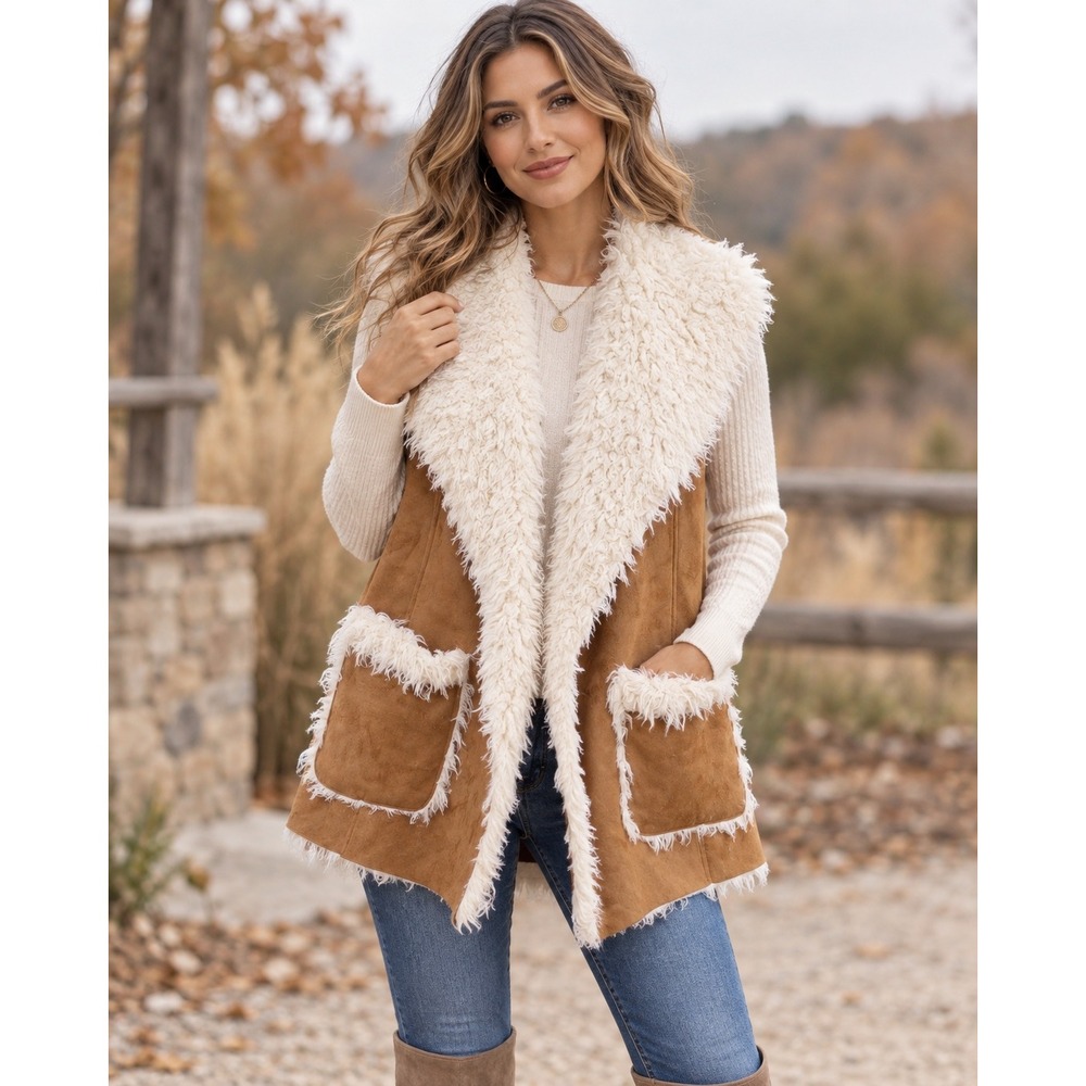 Boho Western Faux Suede Fur Trim Vest Ranchcore Tan L Cowgirl Shaggy Pockets